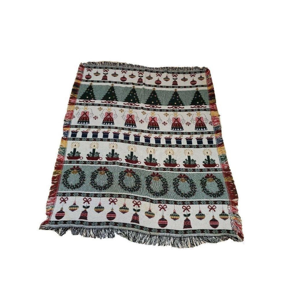 VTG CROWN CRAFTS THROW BLANKET CHRISTMAS TREE HOLIDAY WREATH ORNAMENT TAPESTRY